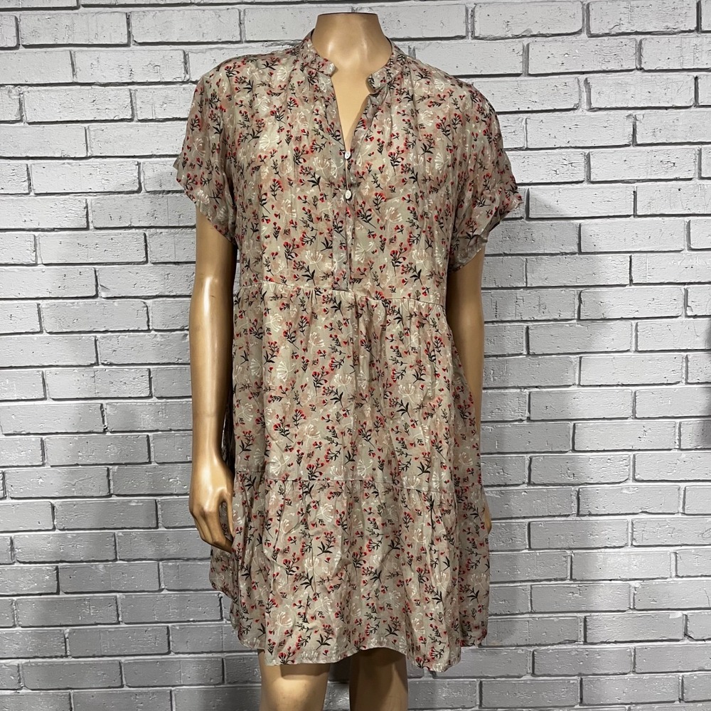 Reistor Floral Tiered Mini Dress Sage Green Split Neck Boho Excellent XL